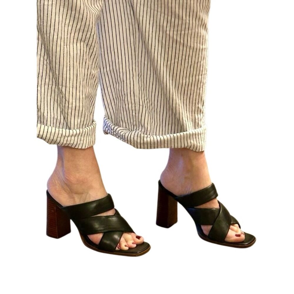 Senso Black Leather Verra Criss Cross Slide Block Heel Open Square Toe  Sandal 9
